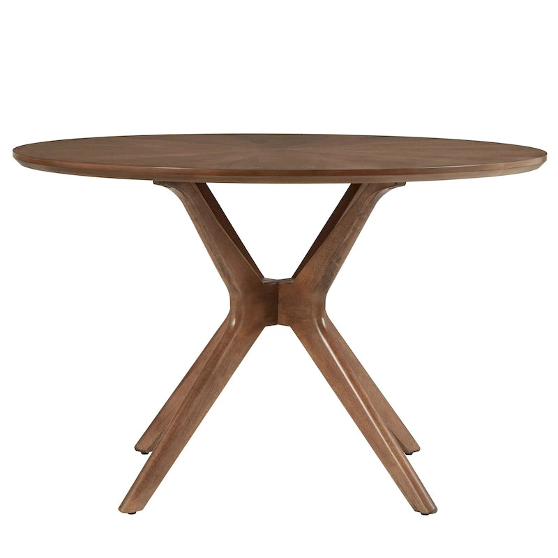 Mid-Century Dark Walnut Finish Round Dining Table with X-Base