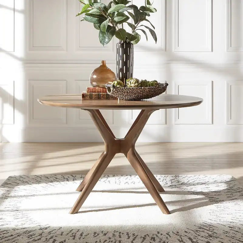 Mid-Century Dark Walnut Finish Round Dining Table with X-Base
