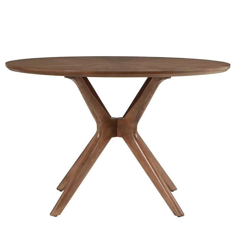 Mid-Century Dark Walnut Finish Round Dining Table with X-Base