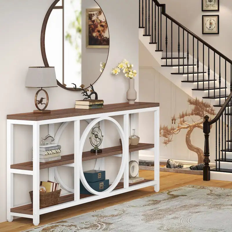 70.9 inch Extra Long Console Table with 3 Tier Wood Storage Shelves
