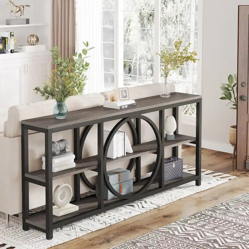 70.9 inch Extra Long Console Table with 3 Tier Wood Storage Shelves