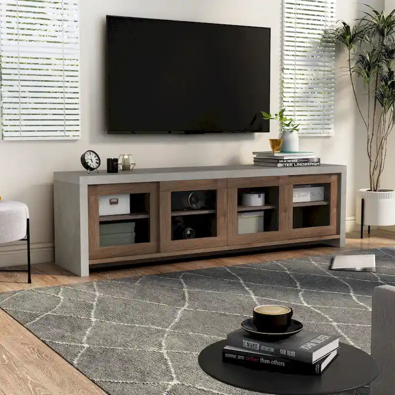 Contemporary 71-inch Glass Multi-functional Storage TV Console with Sliding Doors