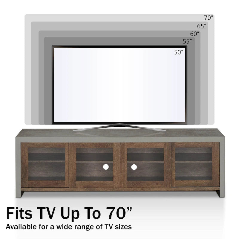Multifunctioneel modern tv-meubel van 71 inch met glazen schuifdeuren en opbergruimte