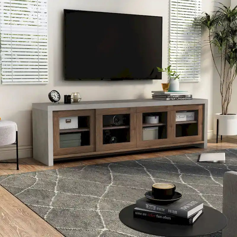 Multifunctioneel modern tv-meubel van 71 inch met glazen schuifdeuren en opbergruimte