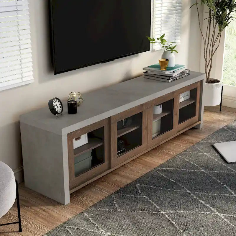 Multifunctioneel modern tv-meubel van 71 inch met glazen schuifdeuren en opbergruimte