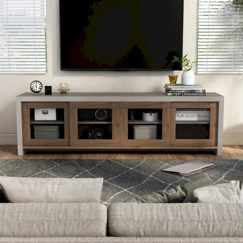 Multifunctioneel modern tv-meubel van 71 inch met glazen schuifdeuren en opbergruimte