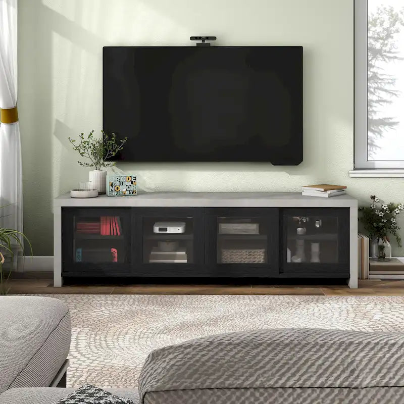 Multifunctioneel modern tv-meubel van 71 inch met glazen schuifdeuren en opbergruimte