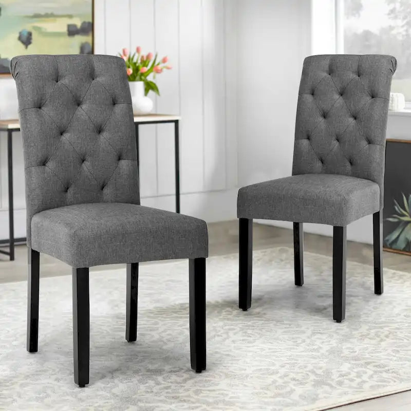 Fabric Upholstery High Back Tufted Parson Dining Chairs and Black Legs Set of 2