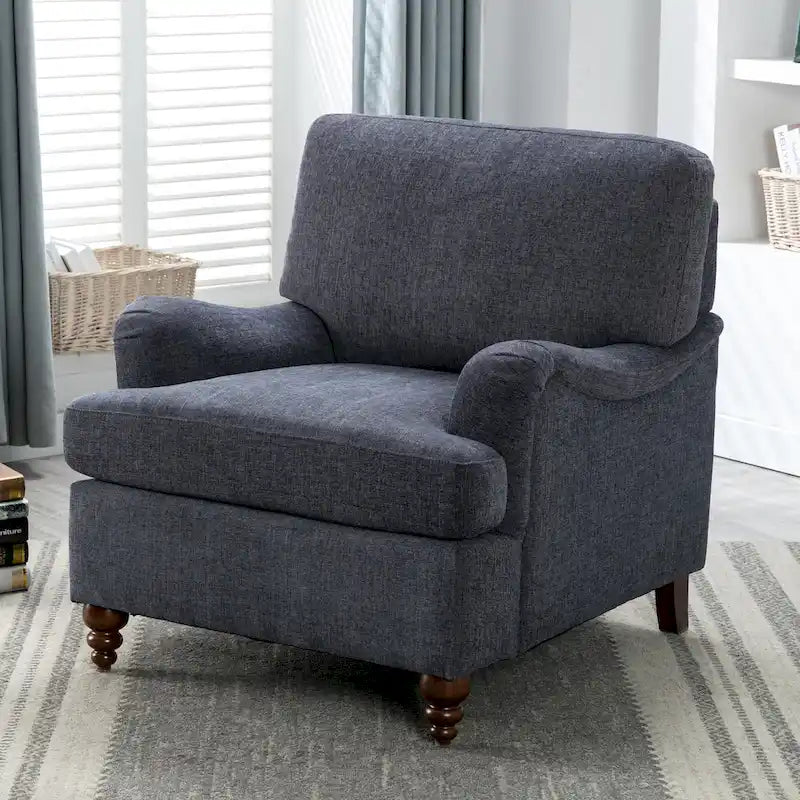 Upholstered Arm Chair with Rolled Arms and Turned Walnut Legs