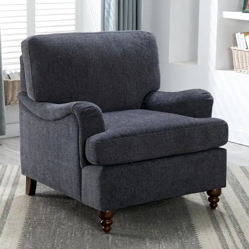 Fauteuil rembourré avec accoudoirs roulés et pieds en noyer tourné