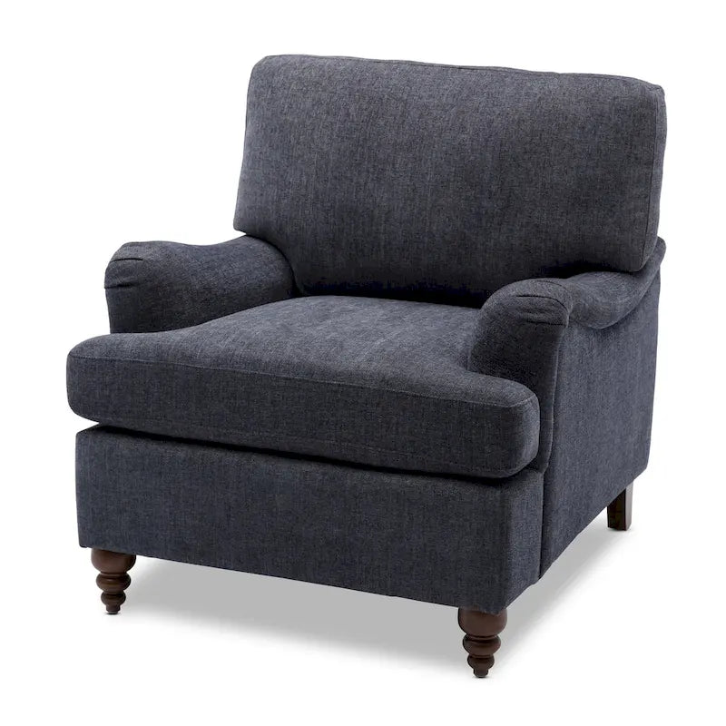 Fauteuil rembourré avec accoudoirs roulés et pieds en noyer tourné