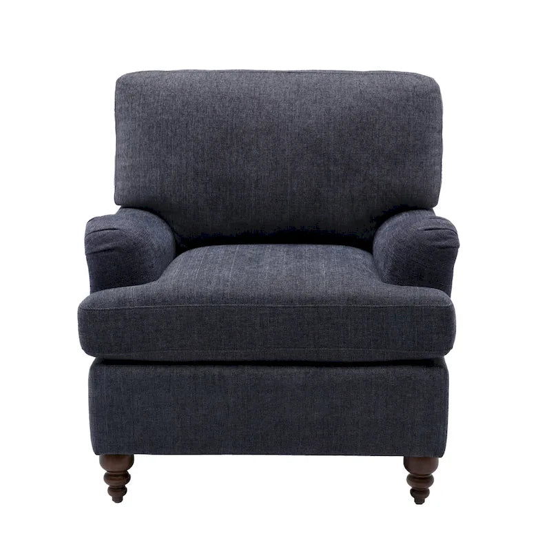 Fauteuil rembourré avec accoudoirs roulés et pieds en noyer tourné