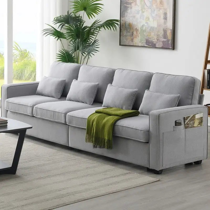 Upholstered Sofa Couch with Armrest Pockets and 4 Pillows, 4-Seater Modern Linen Fabric Sofa