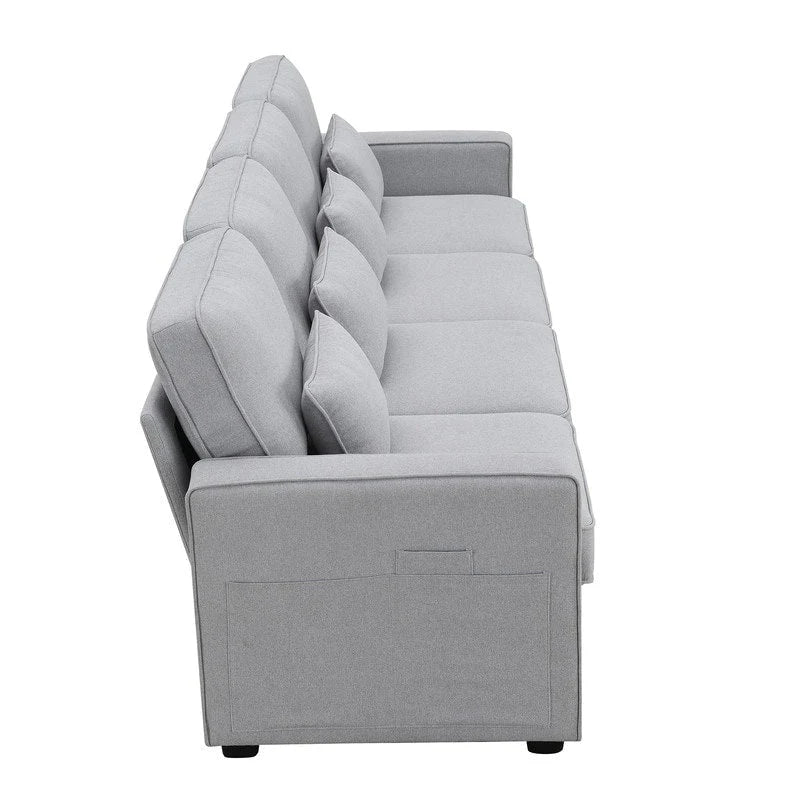 Upholstered Sofa Couch with Armrest Pockets and 4 Pillows, 4-Seater Modern Linen Fabric Sofa
