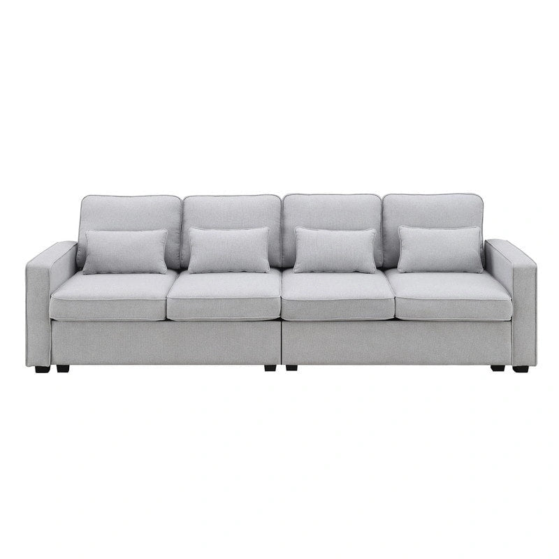Upholstered Sofa Couch with Armrest Pockets and 4 Pillows, 4-Seater Modern Linen Fabric Sofa