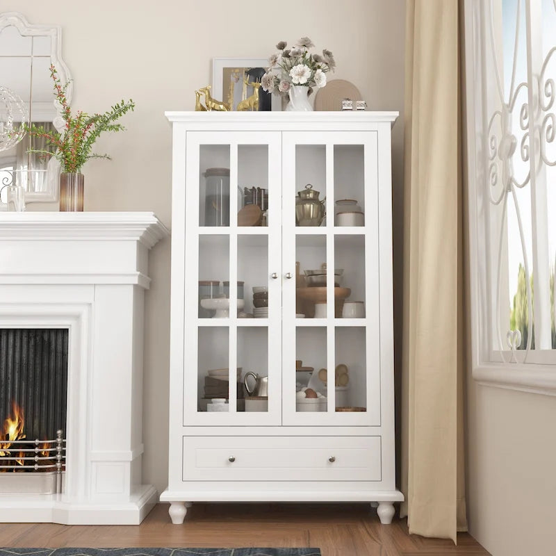 55.1H Tall Storage Cabinet with Glass Doors and Drawer