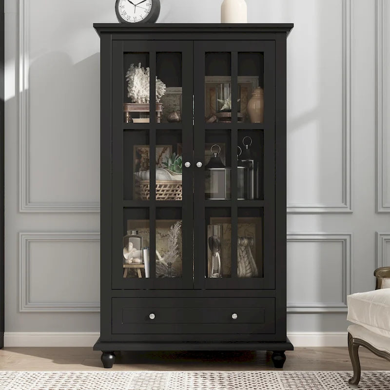 55.1H Tall Storage Cabinet with Glass Doors and Drawer