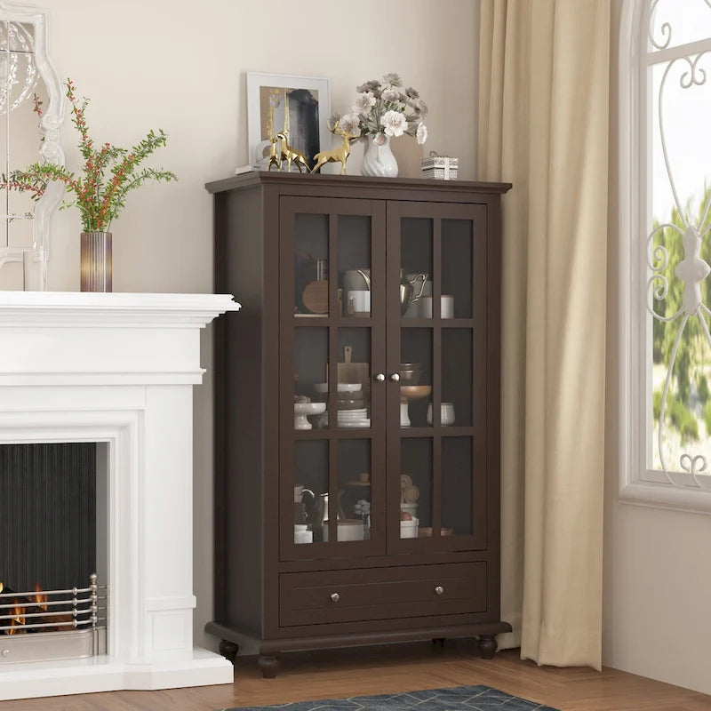 55.1H Buffet Lacquer Sideboard Storage Cabinet Glass Doors Bookcase