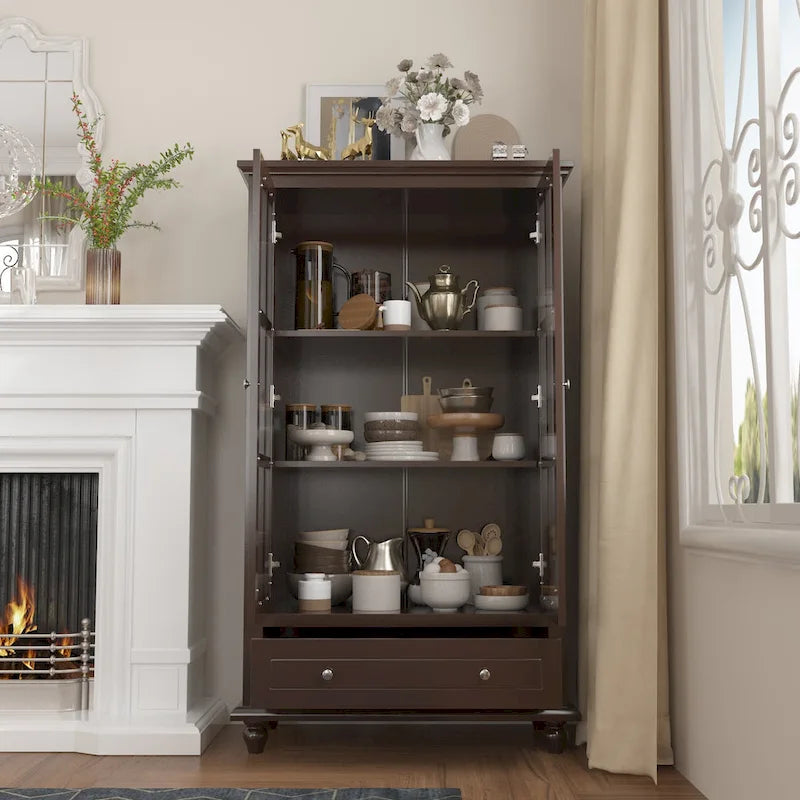 55.1H Tall Storage Cabinet with Glass Doors and Drawer