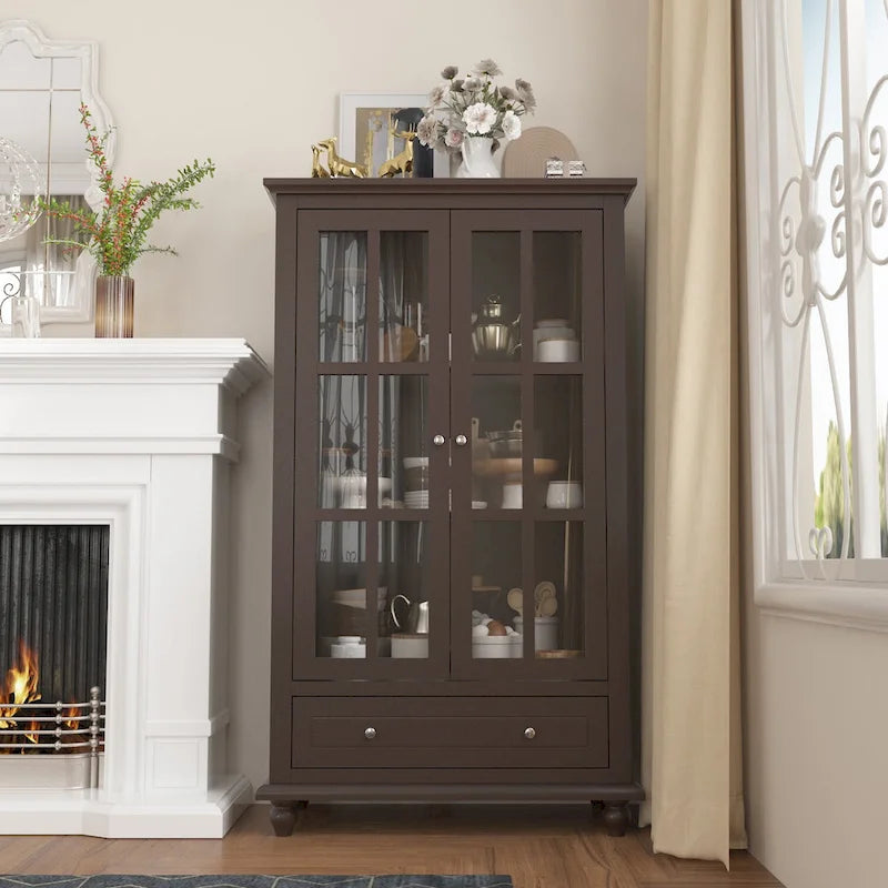 55.1H Tall Storage Cabinet with Glass Doors and Drawer