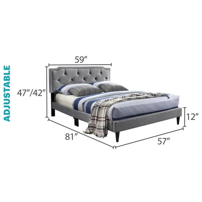 Transitional Tufted Upholstered Adjustable Height Panel Bed with Wooden Frame