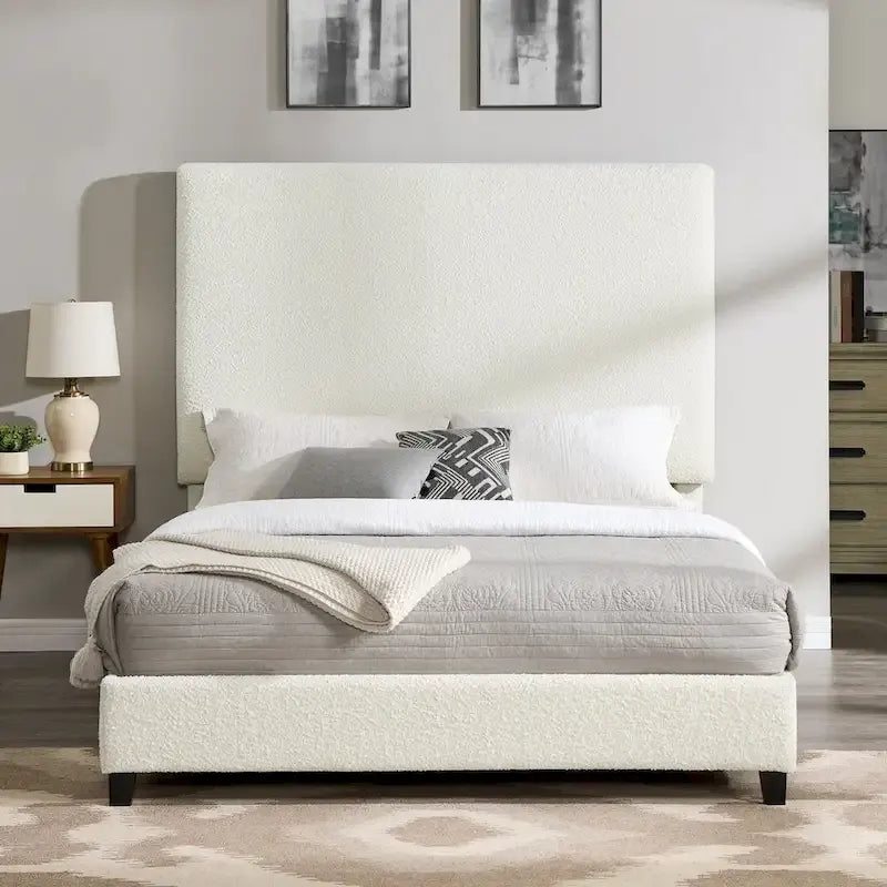 Tall White Boucle Panel Headboard Upholstered Platform Bed