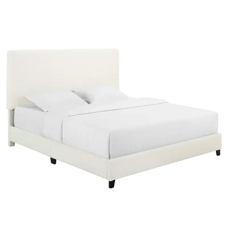 Tall White Boucle Panel Headboard Upholstered Platform Bed