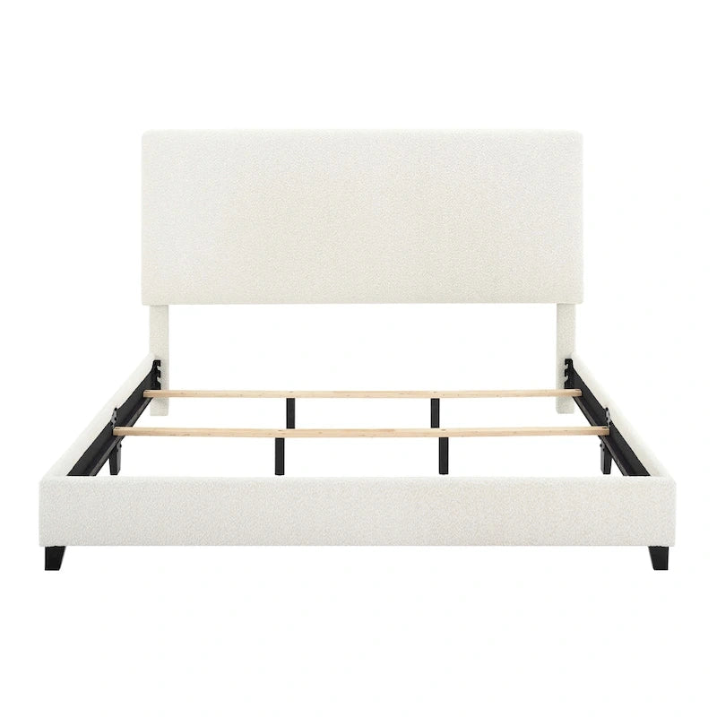 Tall White Boucle Panel Headboard Upholstered Platform Bed