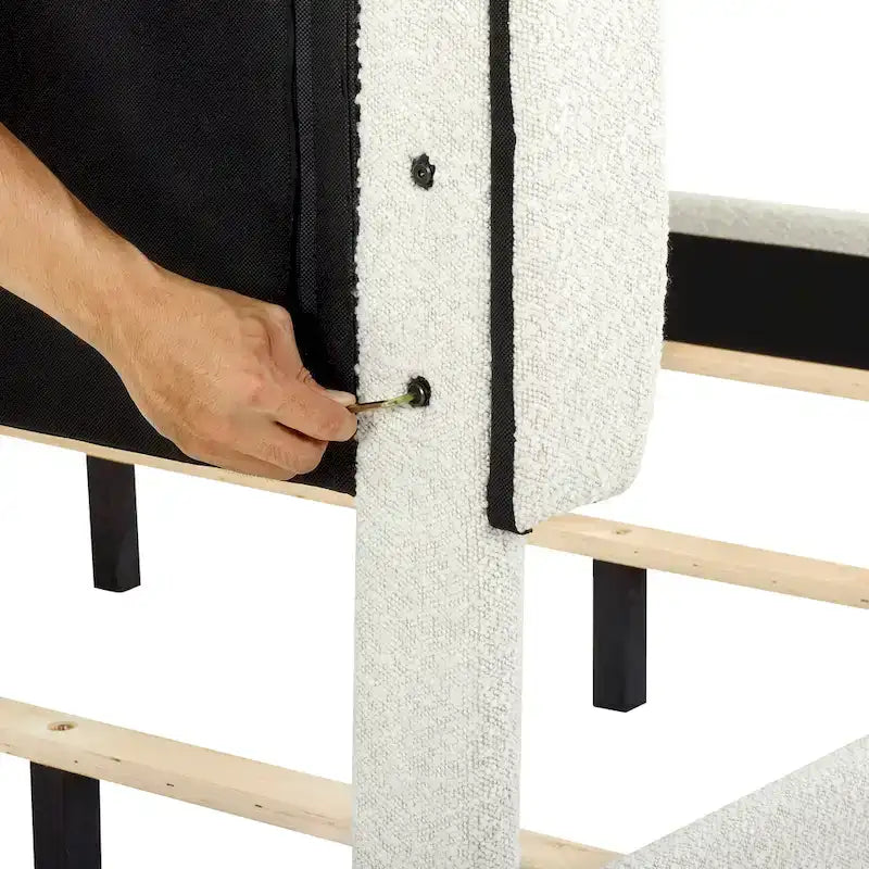 Tall White Boucle Panel Headboard Upholstered Platform Bed
