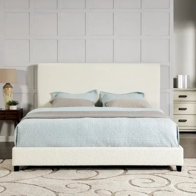 Tall White Boucle Panel Headboard Upholstered Platform Bed