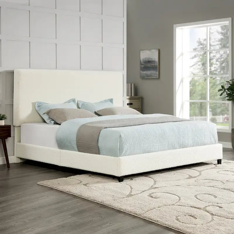 Tall White Boucle Panel Headboard Upholstered Platform Bed