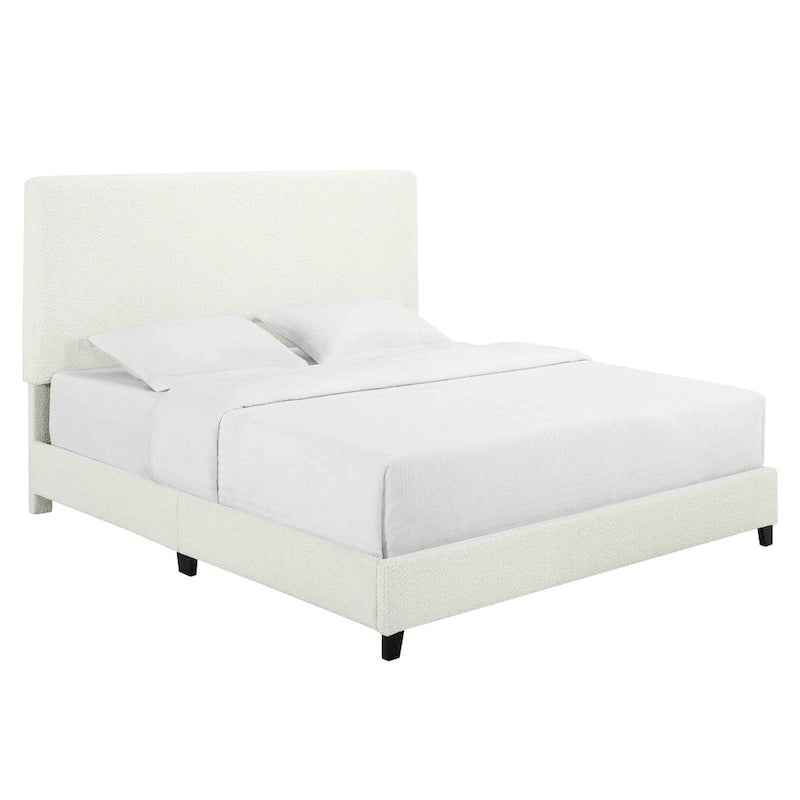 Tall White Boucle Panel Headboard Upholstered Platform Bed