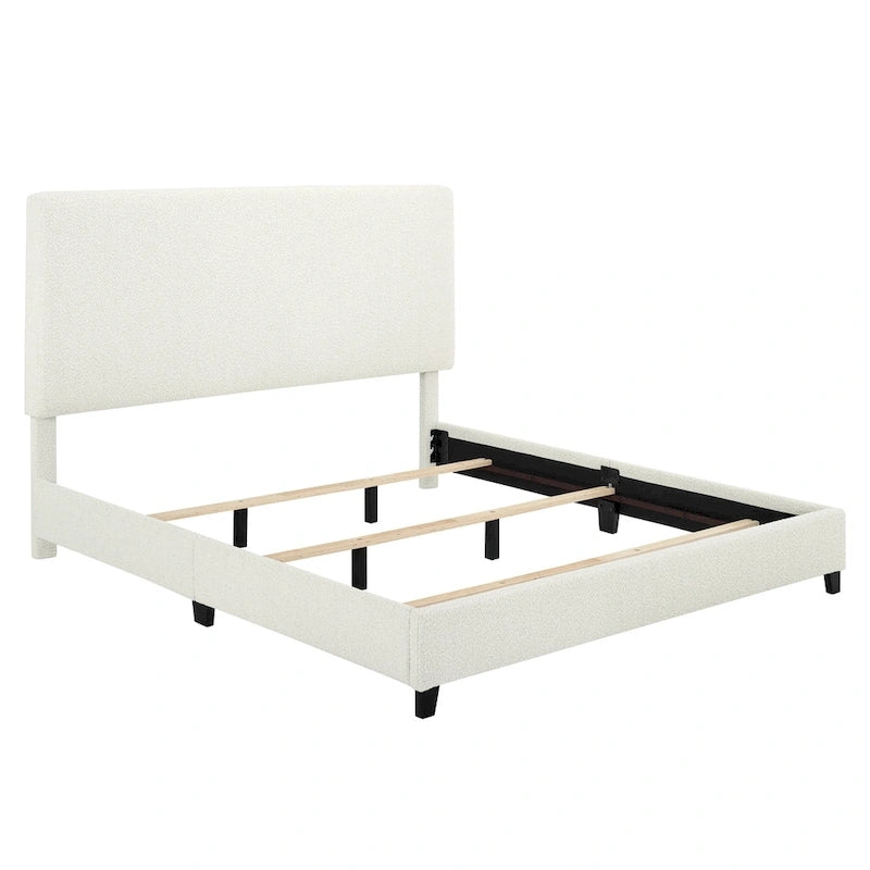 Tall White Boucle Panel Headboard Upholstered Platform Bed