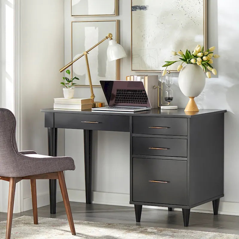 Schreibtisch fürs Homeoffice im Mid-Century-Stil mit Stauraumschubladen und Aktenablage