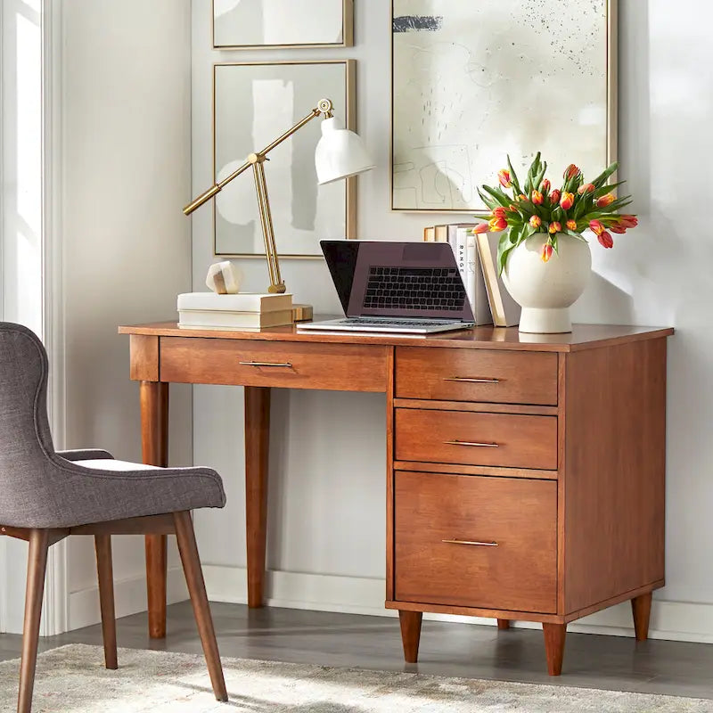 Schreibtisch fürs Homeoffice im Mid-Century-Stil mit Stauraumschubladen und Aktenablage