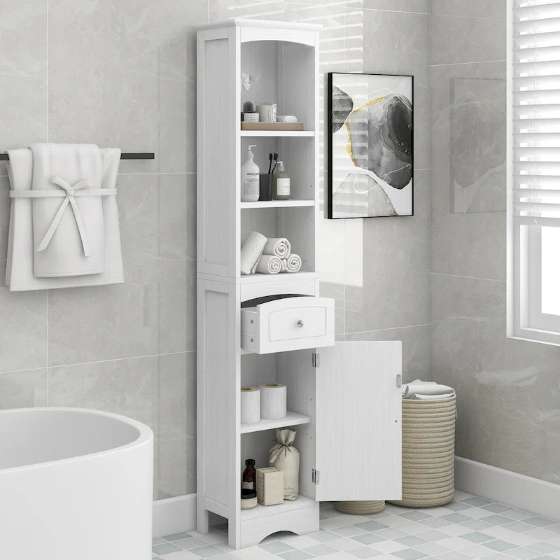 Hoher freistehender Badezimmerschrank mit Schublade, verstellbarem Einlegeboden, Weiß