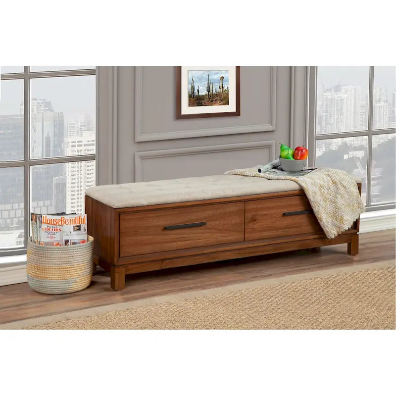 Upholstered Storage Bench with Button Tufted Seat and Dovetail Drawers