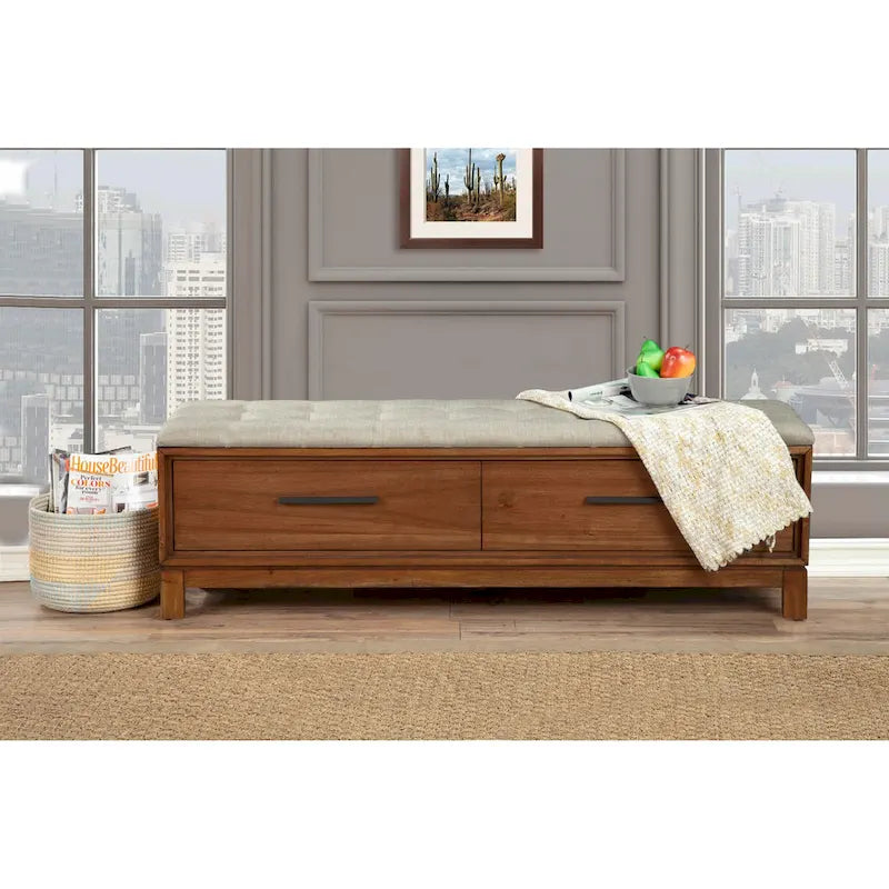 Upholstered Storage Bench with Button Tufted Seat and Dovetail Drawers