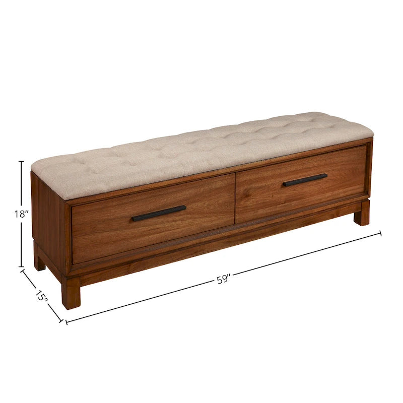 Upholstered Storage Bench with Button Tufted Seat and Dovetail Drawers