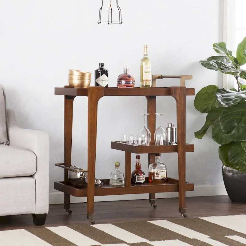 Mid-century modern, 3 szintes, műfa bárkocsi elegáns fém részletekkel és tágas tárolóhellyel