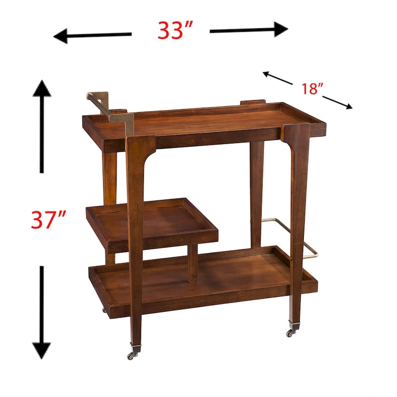 Mid-century modern, 3 szintes, műfa bárkocsi elegáns fém részletekkel és tágas tárolóhellyel