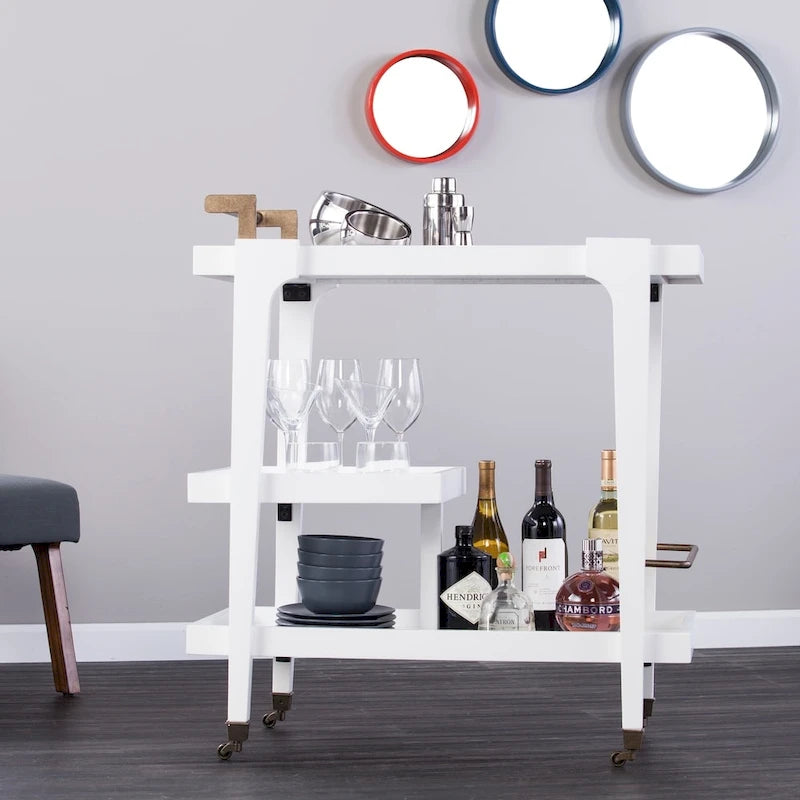Mid-century modern, 3 szintes, műfa bárkocsi elegáns fém részletekkel és tágas tárolóhellyel