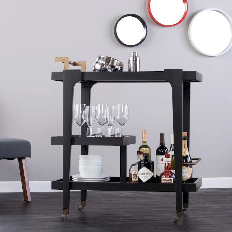 Mid-century modern, 3 szintes, műfa bárkocsi elegáns fém részletekkel és tágas tárolóhellyel
