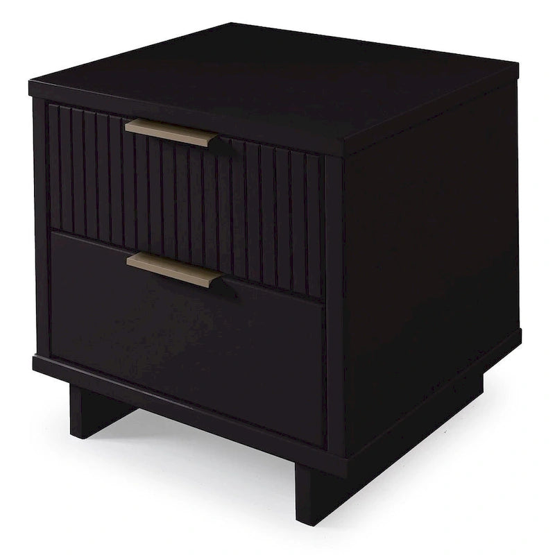 Modern 2-Drawer Nightstand with Ribbed Front Gold Handles Bedroom