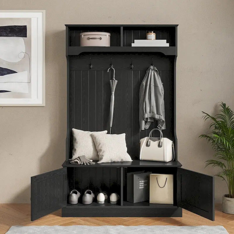 4 Hook Hallway Tree with Storage Bench and Upper Cubbies