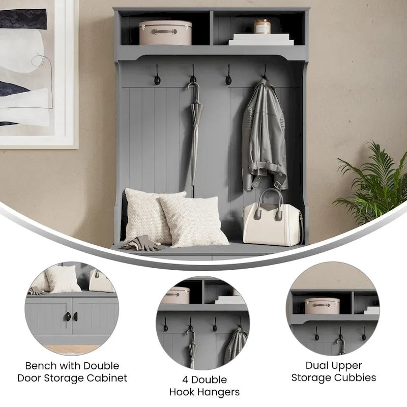 4 Hook Hallway Tree with Storage Bench and Upper Cubbies