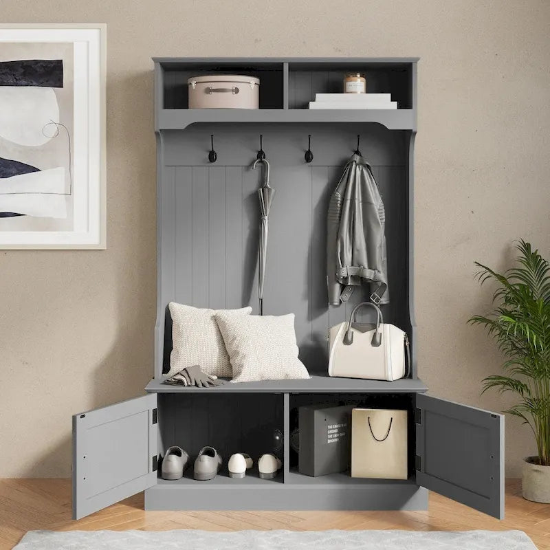 4 Hook Hallway Tree with Storage Bench and Upper Cubbies