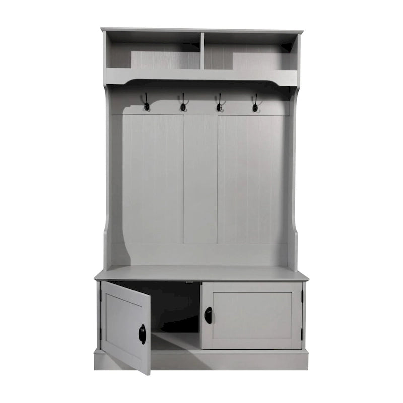 4 Hook Hallway Tree with Storage Bench and Upper Cubbies