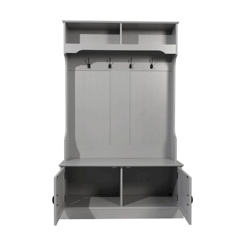 4 Hook Hallway Tree with Storage Bench and Upper Cubbies
