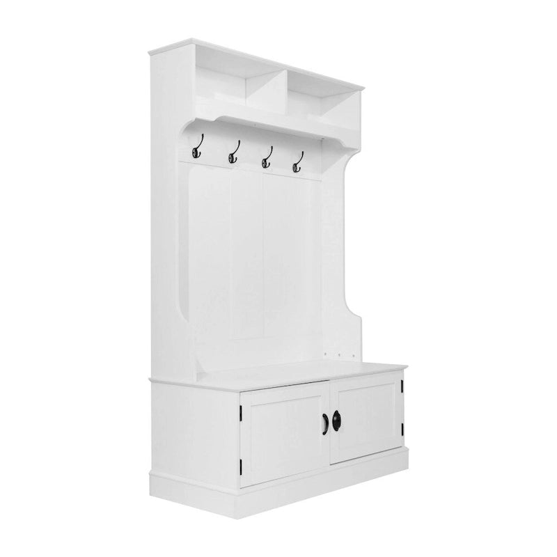 4 Hook Hallway Tree with Storage Bench and Upper Cubbies